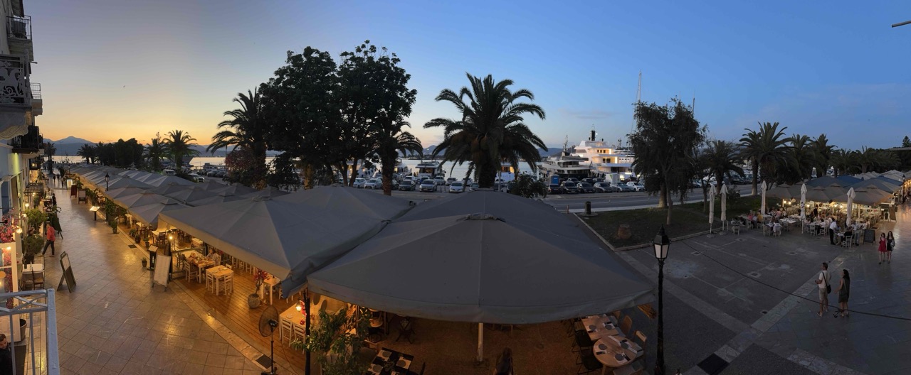 View from our balcony out onto restaurant row & the harbor.