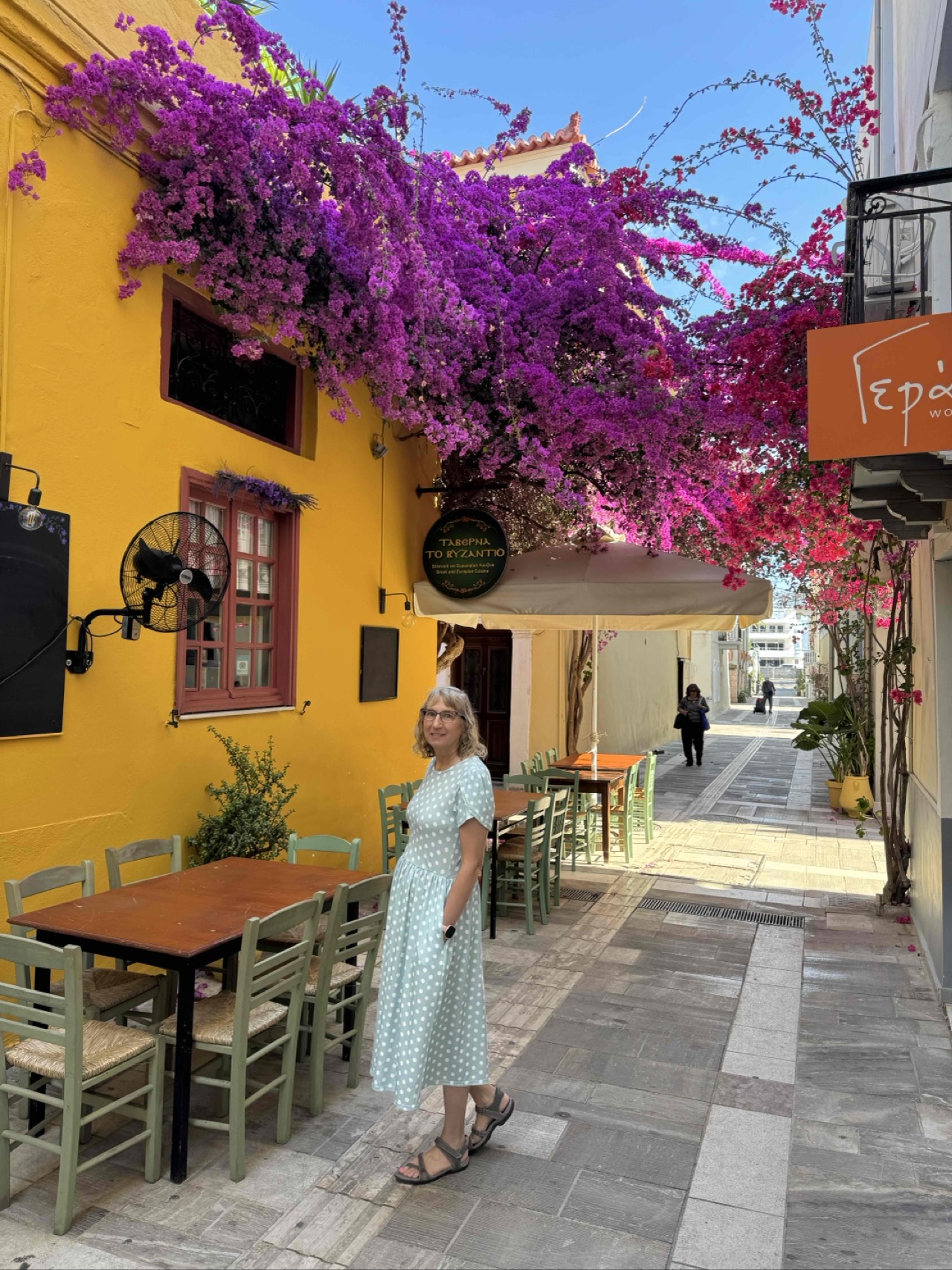 Lots of city streets with bougainvillea
