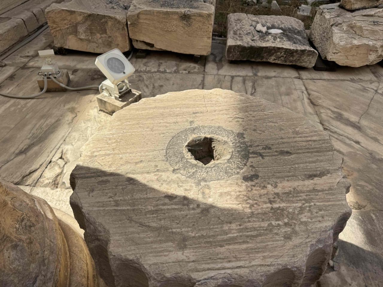 Animals were used to transport 2 ton cylinders up to Acropolis (pulley system). This piece shows how the marble cylinders attach to one another
